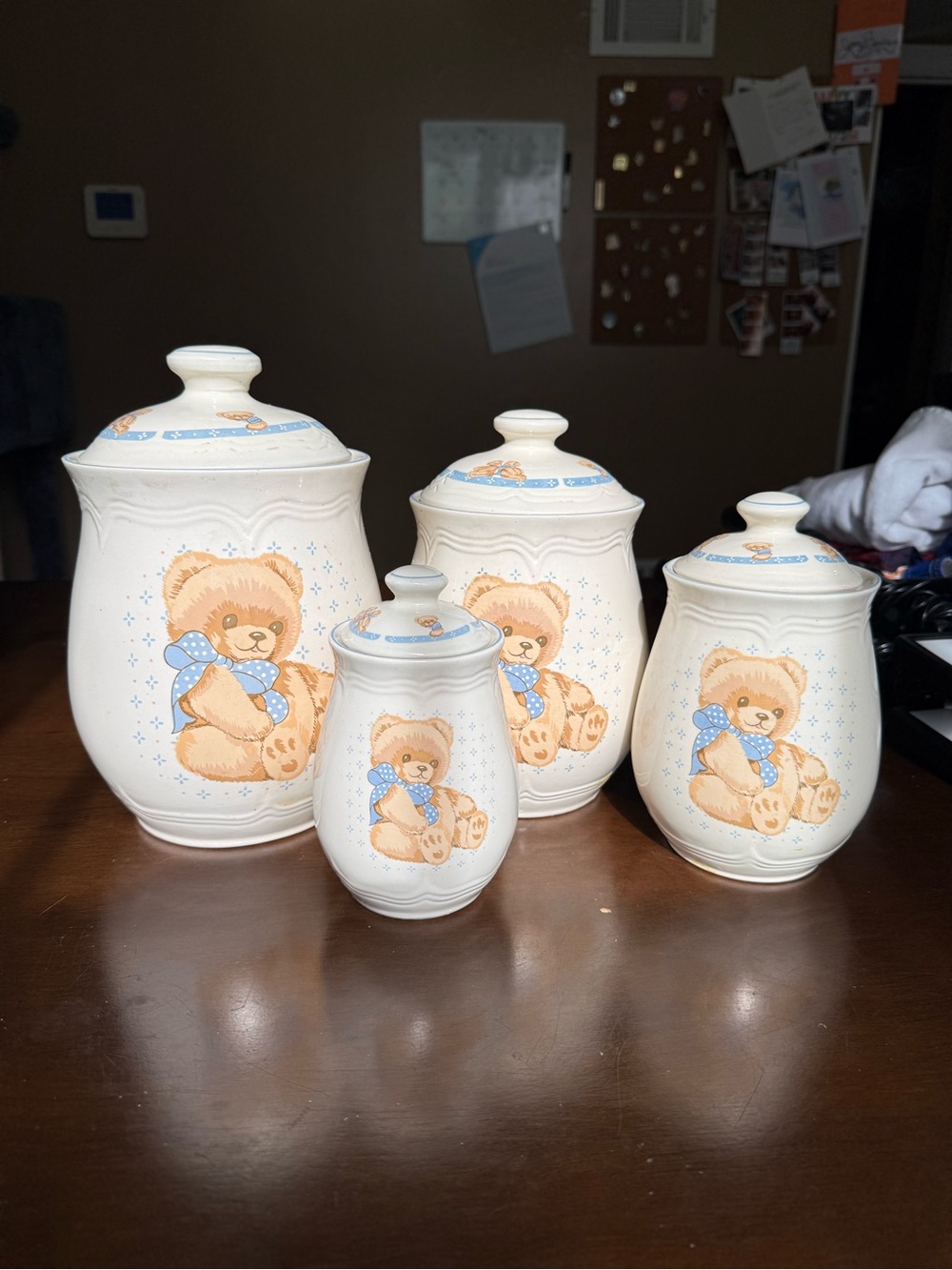 Vintage Tienshan Stoneware Teddy Bear Cannister Cookie Jar Set of 4
